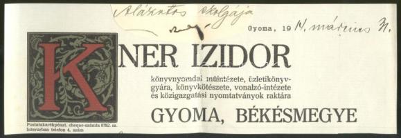 1914 Kner Izidor számlafejléc. Lithográfia, Kner Izidor saját kezű aláírásával
