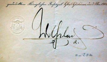 1908 A porosz Vörös Nemesi Érdemrend adományozólevele Jekelfalussy Piller György  II. Vilmos császár...