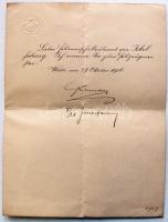 1906 Jekelfalussy Piller György testőrhadnagy, későbbi olimpiai bajnok vívónak szóló levél Ferenc József császár saját kezű aláírásával  /  1906 Greeting letter for, yeoman-leutnant  Jekelfalussy Piller György with autograph signature of Emperor Franz Joseph