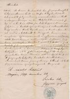 1879 A kassai tankerület határozata 15 kr. illetékbélyeggel az Ungvári főgimnázium pecsétjével