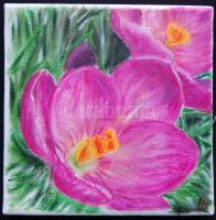 Avar Júlia: Krókuszok, olaj-vászon, 16,5x16,5cm