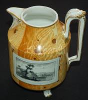 cca 1790 Faux bois (faerezetes) mintával és miniatűr tájképekkel díszített, kézzel festett, aranyozott, jelzett Alt wien porcelán teáskanna fedő nélkül, korához képest jó állapotban / Hand-painted Altwien porcelain tea kettle with wood pattern and landscape decoration, in flawless condition (lid missing!)