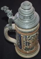 Jelzett, mázas, domborműves ónfedelű söröskupa / Beer jug with tin lid 24cm