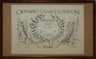 Magyar Armand Európa bajnok birkózó Budapesti Atlétikai Klubtól kapott emlékplakettje, tagsági igazolványa, fényképe, az 1948-as londoni olimpia résztvevői éremmel és bekeretezett oklevéllel /  Arnold Magyar European champion wrestlers legacy consisting commemorative plaque from 1926 from his club, club id, photo and a participant medal from the 1948 London Olympic Games with warrant in frame 50x70 cm