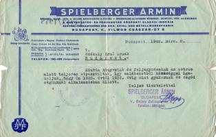 1948 Munkaviszony igazolása Spielberger Árminnál céges levélpapíron, 6 Ft illetékbélyeggel