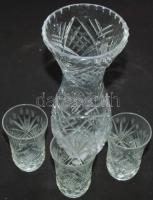 Metszett üveg váza 3db pohárkával / Glass vase with 3 glasses 21cm, 9cm
