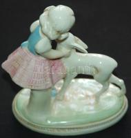 Kézzel festett, sorszámozott porcelán kislányfigura őzikével /
Numbered, hand-painted porcelain figu...