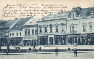 Kolozsvár Mátyás square, Pharmacy of Wolff J., Shop of Akontz Sándor; Hubay Károly; Csiky Mihály; Jeszenszky; Bányai Sámuel and his son (EK)