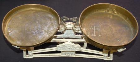 Régi réz tányéros Kubus márkájú karos mérleg 7 darabos súlykészlettel / Vintage scales 41cm and 7 pcs scales-weight