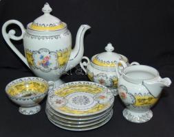 Erősen hiányos Oscar Slegelmilch német porcelán kávéskészlet: 1 kancsó, 1 bögre, 5 kistányér, tejkiöntő, cukortartó