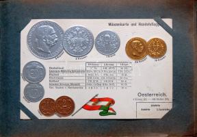 Szép numizmatika témájú képeslap gyűjtemény, 46db különböző, dombornyomás technikával készült Litho képeslap az egyes országok fémpénzeiről és numizmatikai adatairól. A gyűjtemény eredeti albumban és dobozban betűrendben elhelyezett. T:I,II Very nice collection of 46 different emb. Litho postcards with the coin set of the country and data on each postcard. The collection is in original album and case C:Unc,XF