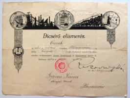 1924 Rakovszky István m. kir belügyminiszter saját kezű aláírása bányász dícsérő oklevélen