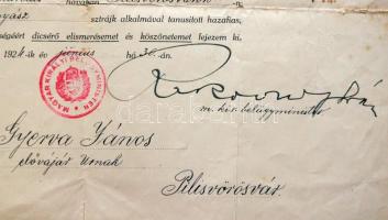 1924 Rakovszky István m. kir belügyminiszter saját kezű aláírása bányász dícsérő oklevélen