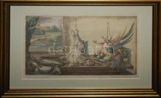 Rozsda Endre (1913-1999): Vadászcsendélet, színezett rézkarc, jelzett, üvegezett keretben, 58x47cm