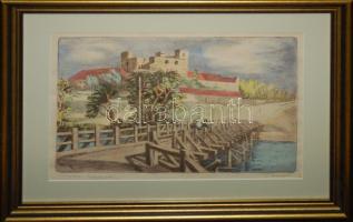 Duray Tibor (1912-1988): Sárospataki Rákóczi-vár, színezett rézkarc, jelzett, üvegezett keretben, 57x47cm