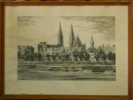 Paulovits Pál (1892 - 1975): Szeged Tisza-part, rézkarc-papír, jelzett, üvegezett keretben, 59x43cm