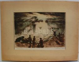 Kórusz József (1927): Napnyugta. Színezett rézkarc. Jelzett. 30x25 cm paszpartuban