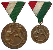 Ispánki József (1906-1992) ~1939. "M.Kir Budapest Székesfőváros Katonai Parancsnokság - Szent György" Br érem pár mellszalaggal (35mm+50mm) T:2 ph. /  Hungary 1939. St. George military Br medallion pair with ribbon. Sign.: József Ispánki (35mm+50mm) C:XF edge error