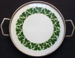Fémkeretű, szőlőlevelekkel díszített porcelán tálca / Porcelain plate in metal frame d: 24cm