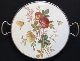 Fémkeretű, díszes porcelán tálca / Porcelain plate in metal frame d: 28cm