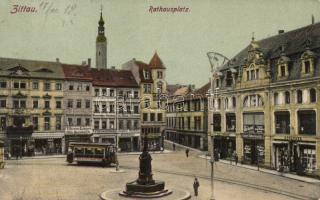 Zittau Town Hall square, shops, tram