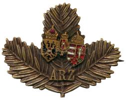 Osztrák-Magyar Monarchia 1914-1916. Arthur Arz von Straussenburg (k.u.k. vezérezredes, vezérkari főnök) alakulatának zománcozott címeres sapkajelvénye fenyőág díszítménnyel (35x27mm) T:1- /  Austro-Hungarian Monarchy 1914-1916. Corps ARZ (Arthur Arz von Straussenburg) enamelled cap badge with pine decoration (35x27mm) C:AU