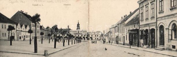 Veselí nad Luznicí main square with the shops of Vodrazka and Vejinda panoramacard