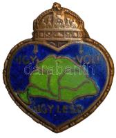 ~1930. "Így volt - Így lesz / Nagy Magyarország" az Ereklyés Országzászló Nagybizottságának irredenta zománcozott Br gomblyukjelvénye. Szign.: JEROUSCHEK / BPEST / SEMMELWEISS U 7. (26x22.5mm) T:2- /  Hungary ~1930. Irredent enamelled Br badge with the image of the Kingdom of Hungary. Sign: JEROUSCHEK / BPEST / SEMMELWEISS U 7. (26x22.5mm) C:VF