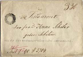 1854 Végrendelet borítója 6Kr szignettás papírból