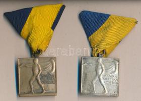~1925. "A Magyar Athletikai Szövetség" Br és ezüstözött Br szögletes díjérmek (30x30mm) mellszalaggal szign.: Arkanzas Bpest T:2