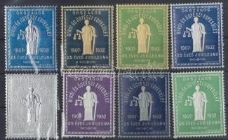 1932 Országos Bírói és Ügyészi Egyesület 8db klf színű dombornyomott levélzáró bélyege