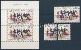 Néptáncegyüttes blokkból kitépett bélyegek párban és külön + blokk, Folk dance block + stamps in pair and separately