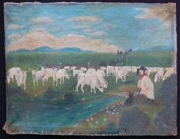 Hován L. 1931. jelzéssel: Legeltetés, olaj-vászon, 52x40cm (sérült)