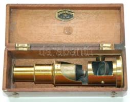 cca 1900 Andreas Rospini féle kis réz mikroszkóp Grazból saját dobozában / Andreas Rospini's microscope from Graz in wooden box 15cm
