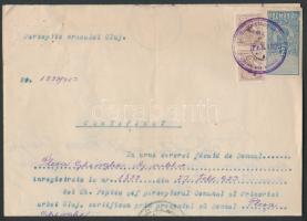 1923 Okmány 2 db "Lei" felülnyomású kolozsvári 5f városi okmánybélyeggel / Document with 2 x 5f Kolozsvár Hungarian local revenue with overprint "Lei"