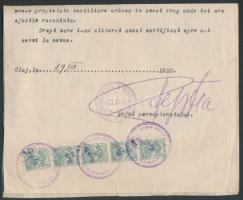 1923 Okmány 5 db "Lei" felülnyomású kolozsvári 2f városi okmánybélyeggel / Document with 5 x 2f Kolozsvár Hungarian local revenue with overprint "Lei"