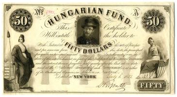 1852. 50$ "Kossuth bankó" eredeti aláírással, piros kézi sorszámnál kis tintaelfolyással, szélein gyűrődésekkel T:II kisebb foltokkal és tűlyukakkal R! / Hungary 1852. 50 Dollar with original signature of Lajos Kossuth, with small ink leakage C:AU stained and with needle holes RARE! Adamo G120.