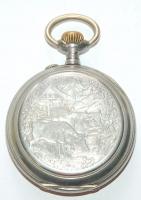 cca 1900 Festett porcelán számlapú zsebóra domborműves díszítésű hátlappal (a számlap és a fedőlap s...