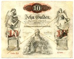 1858. 10G vízjellel, barna áthúzással érvénytelenítve T:III (javítva) / Austrian Empire 1858. 10 Gulden with watermark and with brown cancellation C:F (repaired) Kodnar 92., Adamo G88.