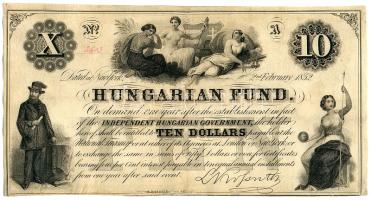 1852. 10$ "Kossuth bankó" piros kézi 2613-as sorszámmal T:III R! / Hungary 1852. 10 Dollar with red 2613 serial number C:F R! Adamo G119.