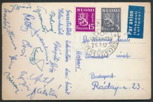 1952 Képeslap a Helsinki olimpiáról az olimpiai bajnok magyar vízilabda csapat tagjainak aláírásával / Postcard from Helsinki Olympic games signed by members of the olympic champion Hungarian waterpolo team