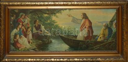 Nagyméretű olajnyomat dekoratív hibátlan levél-mintás keretben 50x90cm