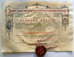 1940 Mérnöki diploma Klement Károly részére. Pergamen, hibátlan állapotú függő viaszpecséttel kartonra kasírozva 60x40 cm