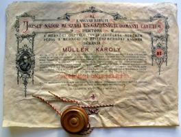 1935 Mérnöki diploma Müller Károly részére. Pergamen, hibátlan állapotú függő viaszpecséttel kartonra kasírozva 60x40 cm