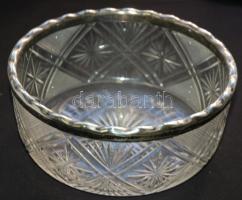 cca 1940 Württembergische Metallwarenfabrik metszett üveg tál alpakka szegéllyel / Glass bowl with nickel silver edge, 10cm, d: 21cm