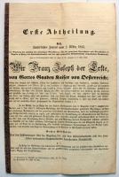 1853 I. Ferenc József által kiadott kárpótlási és földbér-tehermentesítési rendelete, myleben a jobbágyfelszabadítás végrehajtását szabályozza /  1853 Order of emperor Franz Joseph regulating the restitution for the serf-liberation. Sopron (Oedenburg), 1853. Romwalter Károly 18p.