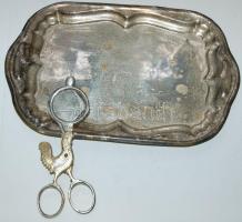 Kakasos lágytojásvágó-olló 14cm és egy fém kis tálca 16c25cm