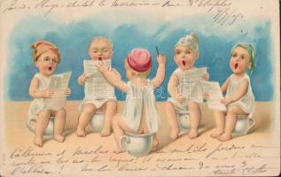 1909 Éneklő kisgyerek kórus bilin ülve. Dombornyomott litho lap / Singing baby choir on chamber pots. Humour, Emb. litho (EK)
