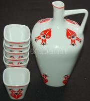 6db jelzett Hollóházi porcelán röviditalos pohár hozzávaló kancsóval / Hollóháza chinaware glasses and jug 16cm, 6x4cm
