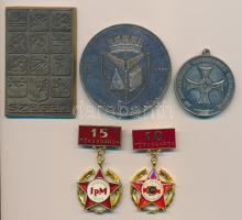 Kohó és gépipari Minisztérium 10 éves törzsgárda jelvény + IPM Szolgáltató Üzeme 15 éves törzsgárda jelvénye + "Az árvízvédelmi tevékenység elismerésére" emlékmedál + Szeged Br plakett (45x70mm) + Szászváros (Orastie) fém emlékérem (60mm) T:1,2
